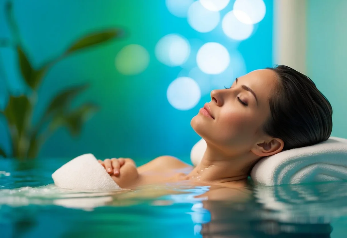 En rolig spa scene med en person der nyder koldvandsterapi omgivet af beroligende blå og grønne nuancer